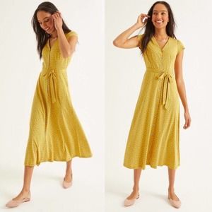 Boden US 8 Frances Jersey Midi Dress Saffron Yellow White Polka Dot Button Front